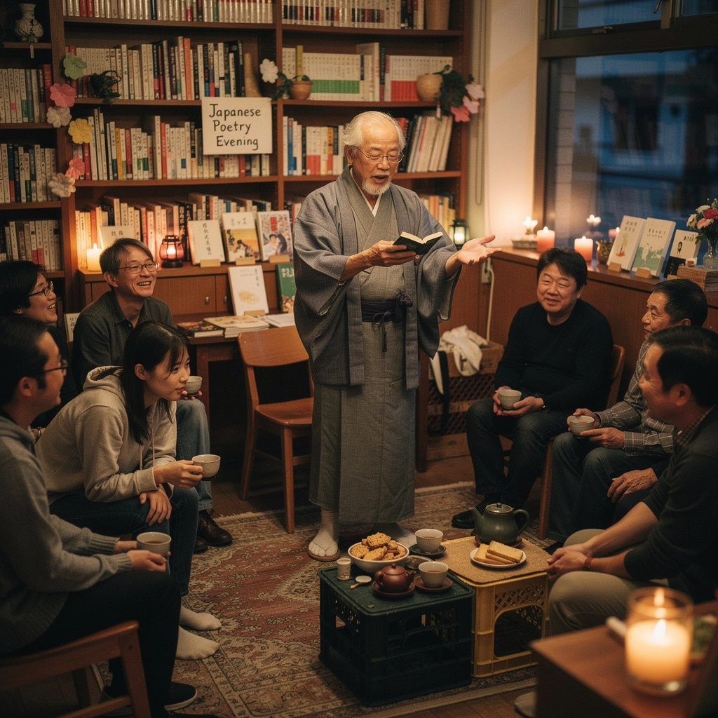 読書会の風景、参加者が本を囲んで楽しそうに話している