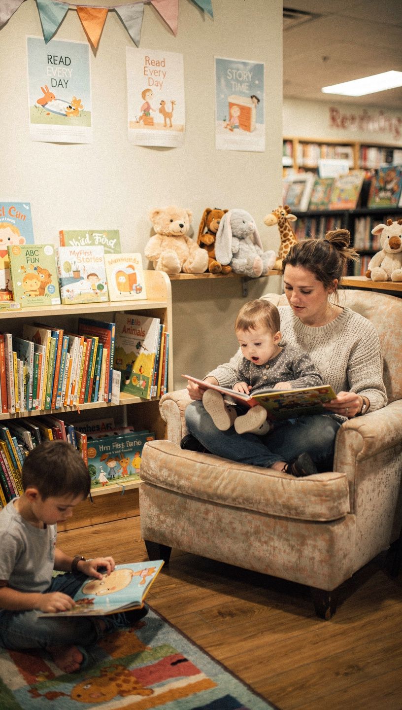 子供向けの絵本コーナー、明るい色合いの本が目を引く