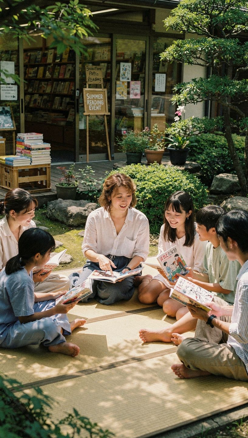 店内の静かな読書スペース、クッションとテーブルが配置されている