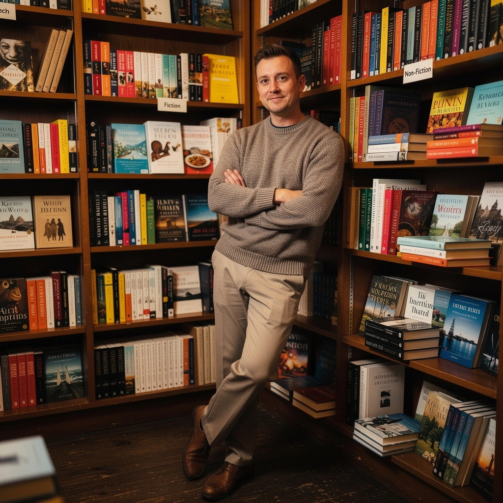 書店内のアート作品、地元アーティストの作品が展示されている